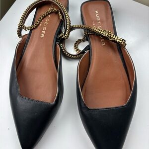 Kurt Geiger Black Pointed Slingback Flats with Gold Chain Accent